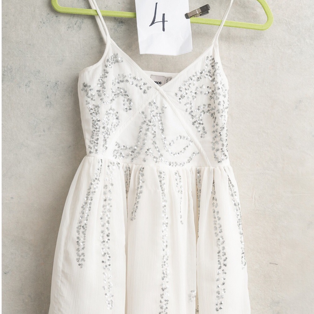 ASOS White V Neck Mini Dress with Silver Sequins